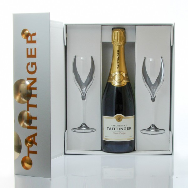 Coffret cadeau champagne Taittinger Brut Prestige 2 flutes