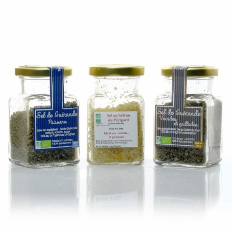 Lot de 3 sels de Guérande BIO (Thym, Mélange spécial poissons, Safran) 3x100g