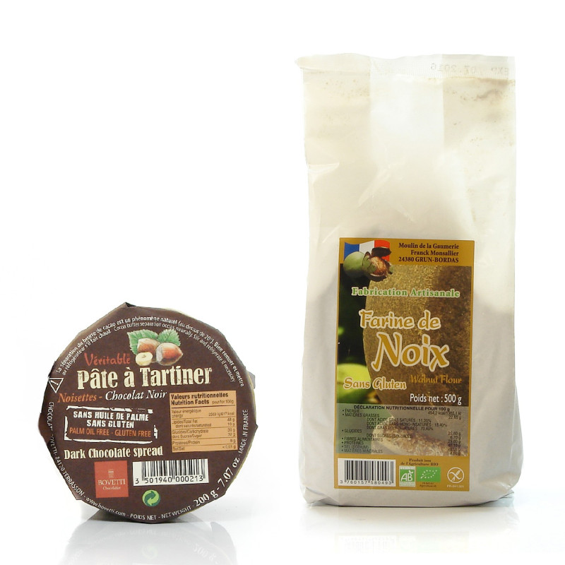 Lot pâte à tartiner chocolat noir 200g et farine de noix 500g