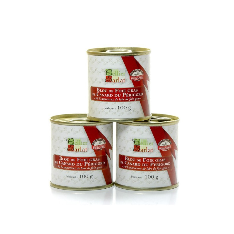 Lot de 3 blocs de foie gras de canard IGP Périgord avec morceaux 100g soit 300g Lot de 3 blocs de foie gras de canard IGP Périgord avec morceaux 100g soit 300g