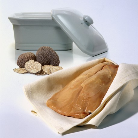 Lot foie gras cru canard +/- 450g + truffe été 50g + 1 terrine en porcelaine