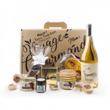 Coffret Gourmet avec 1 bouteille Vin + Chocolat + Foie Gras